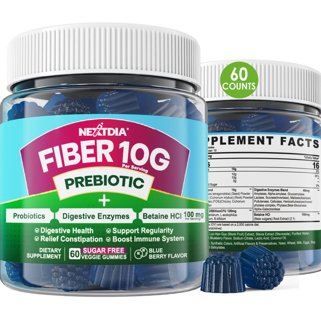 Gummies de fibra para adultos, azúcar gratis 10g Suplemento de fibra prebiótica con enzimas digestivas, probióticos &amp; 100 mg Betaine para el movimiento digestivo " Gut Health and Regulate Bowel, Vegan, Gelatin Gratis, 60ct