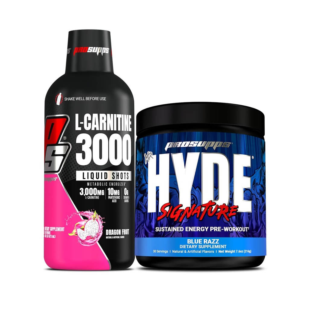 PROSUPPS L-Carnitine 3000 Stimulant Free Liquid Shots (Dragon Fruit) y Mr. Hyde Signature Series Pre-Workout Energy Powdered Drink (Blue Razz) Bundle