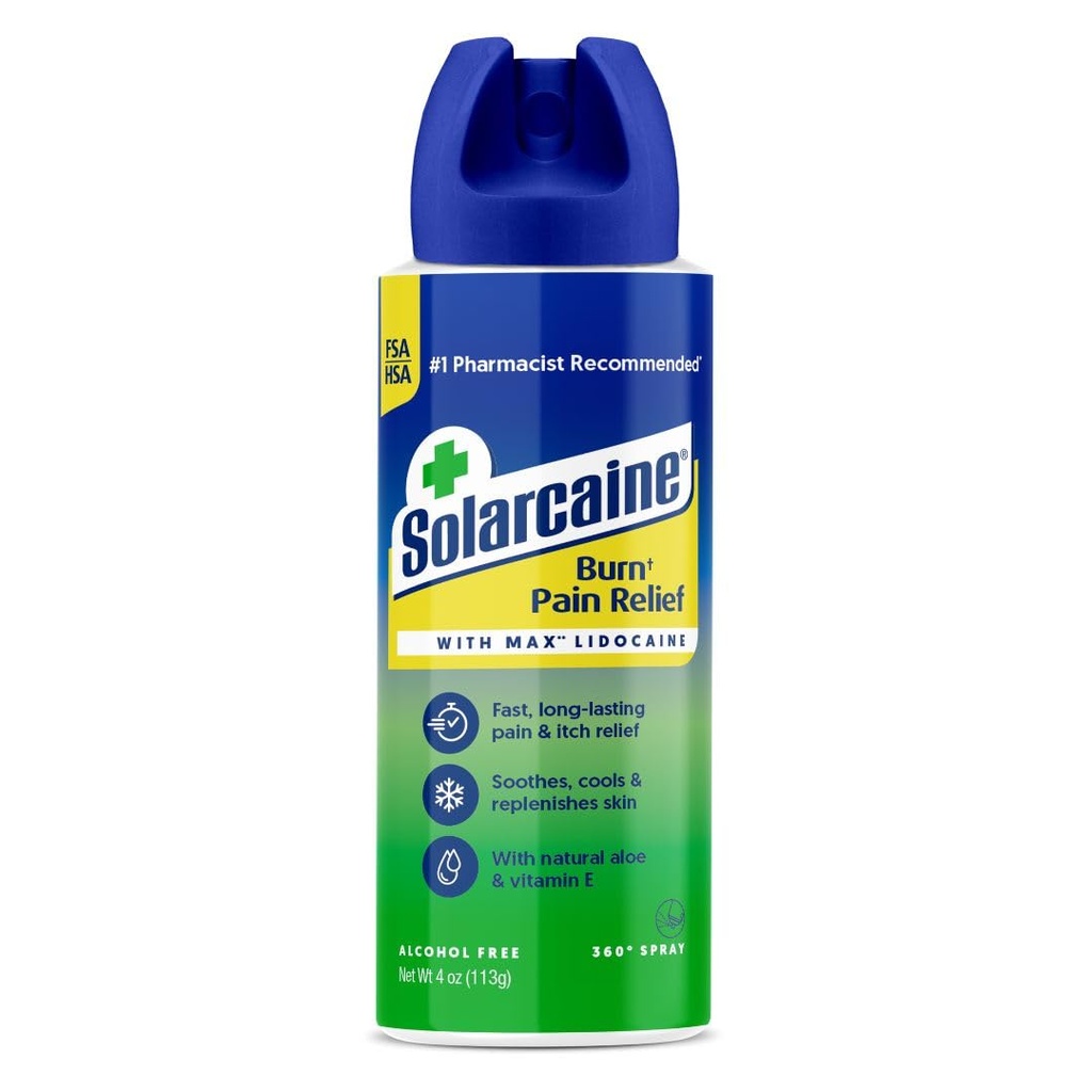 Solarcaine Aloe Sunburn Relief Spray con 4% Lidocaine - Después de Sun Care Relief for Burns, Scrapes & Itch - Aloe Spray to Soothe, Cool &amp; Replenish Skin - 4oz
