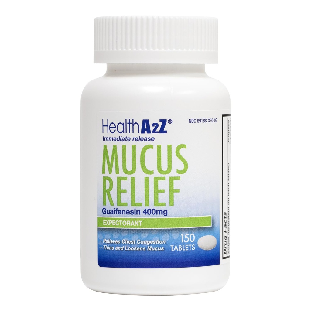HealthA2Z® Mucus Relief ← Guaifenesin 400mg ← Comunicado inmediato Expectorante tóxico Chest Congestion " Mucus Relief TEN 150 Tablets