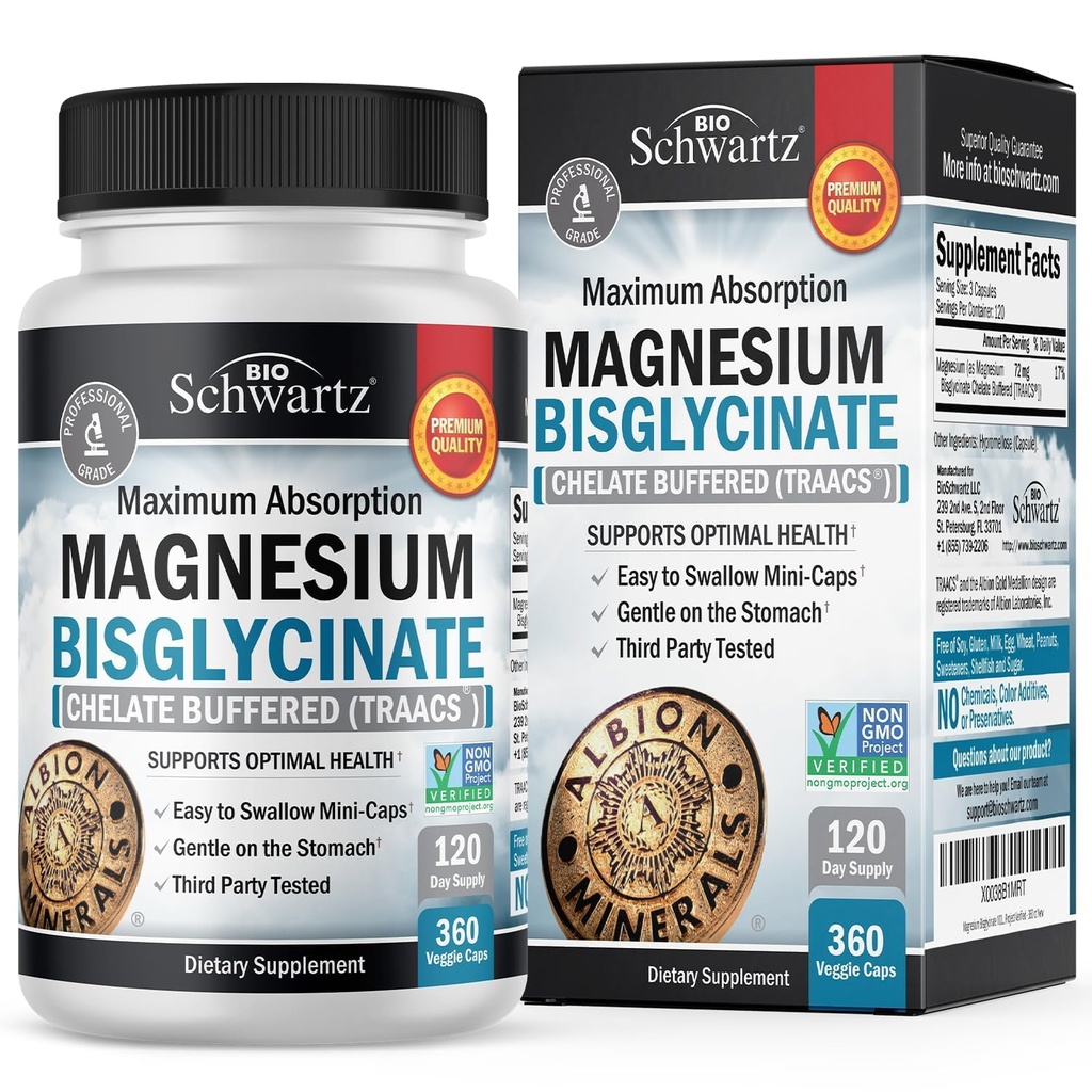 Magnesio Bisglycinate Chelated Supplement - High Absorption Magnesium Supplement for Muscle, Bone & Joint Support, Non-Laxative, Fully Buffered, Non-GMO, Maximum Bioavailability - 360 Capsules