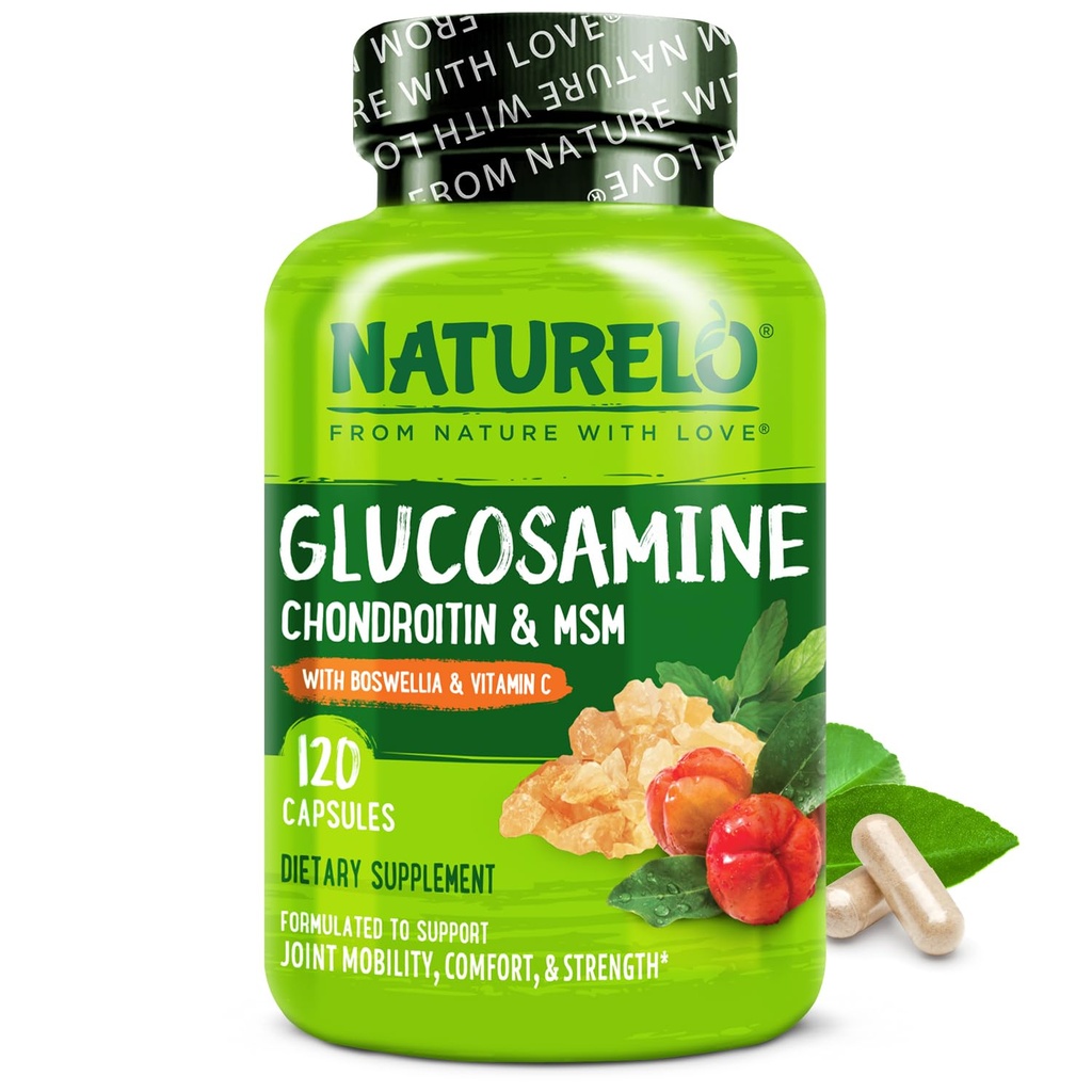 NATURELO Glucosamine Chondroitin MSM con Boswellia y Vitamina C - Suplemento para Confort Conjunto, Movilidad y Fuerza - 120 cápsulas