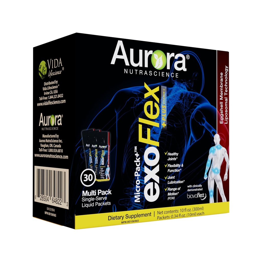 Aurora Nutrascience Micro-Pack Liposomal exoFlex+ con vitamina C, soporta la flexibilidad conjunta " Función, BiovaFlex Eggshell Membrane, Curcumin " Boswellia, Strwaberry Flavor, 30 Packets de una sola talla