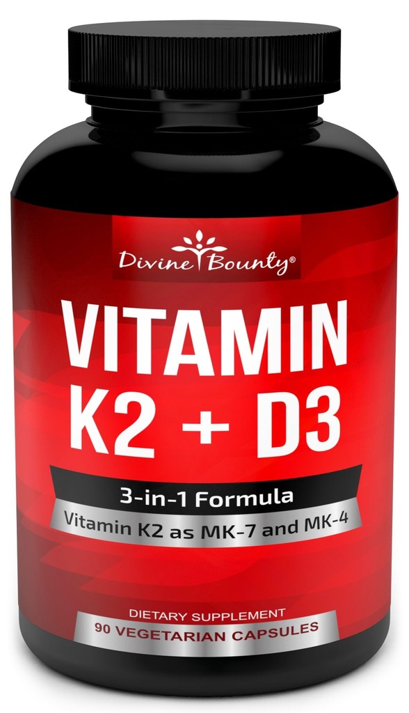 Vitamina K2 (MK7 &amp; MK4) con suplemento D3 - Vitamina K & D como MK-7 100mcg, MK-4 500mcg y 5000 UI Vitamina D3 3-en-1 Fórmula - Bono y apoyo cardíaco - 90 cápsulas vegetarianas no transgénicos