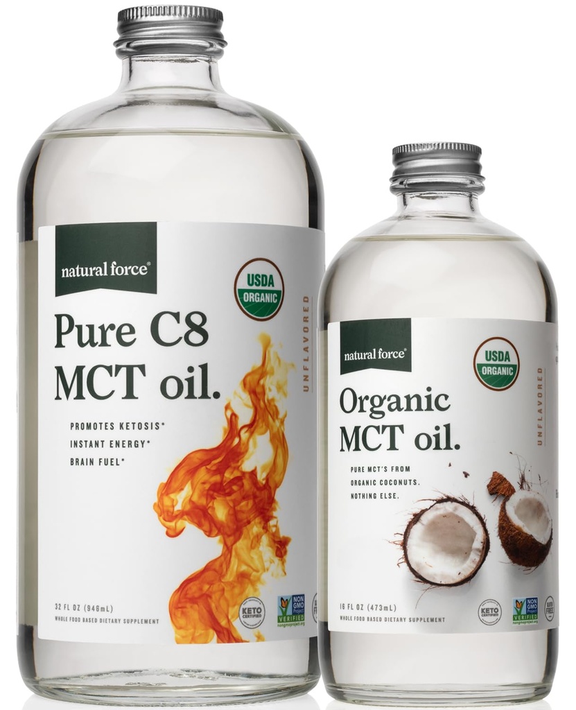 Natural Force Organic Pure C8 + Organic Full Spectrum MCT Oil – USDA Organic, Non GMO, 100% Pure Coconut MCTs – Keto, Paleo, Vegan y Kosher – 32 Oz & 16 Oz Glass Bottles