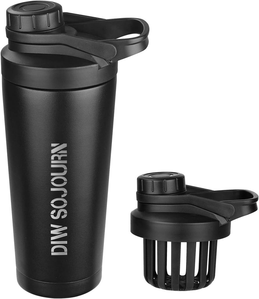 DIW 24 oz Shaker Bottle,Botella de acero inoxidable con diseño libre de ruido, Copa de metal aislado para mezclas de proteínas y ejercicios previos,Gym Bottle Shaker(Negro)