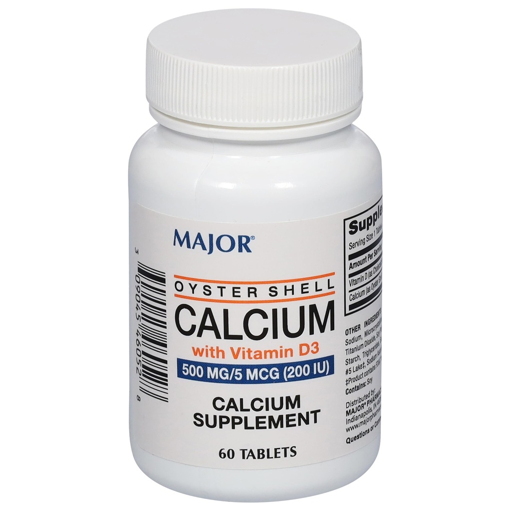 Calcio de ostra mayor con vitamina D3 500 mg / 5 mcg (200 UI) - Suplemento de calcio - 60 tabletas