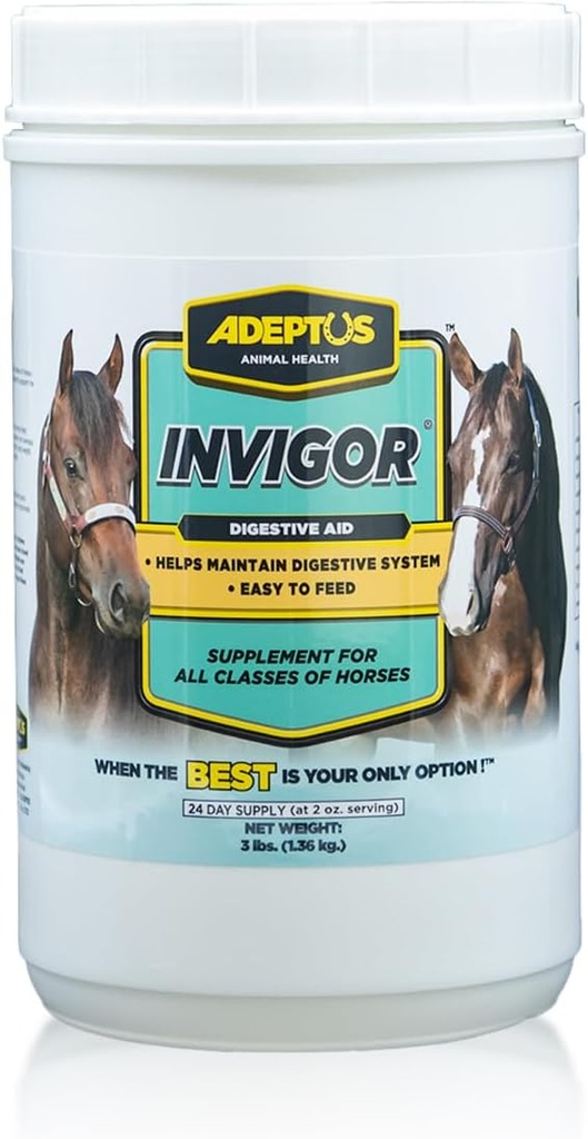 Adeptus Nutrición Invigor Equine Suplemento de Apoyo Digestivo, Fórmula de Levadura Prebiótica diaria con levadura hidrolizada " deshidratada, Topper de alimentación de bajo azúcar para todas las clases de caballos, 3 libras