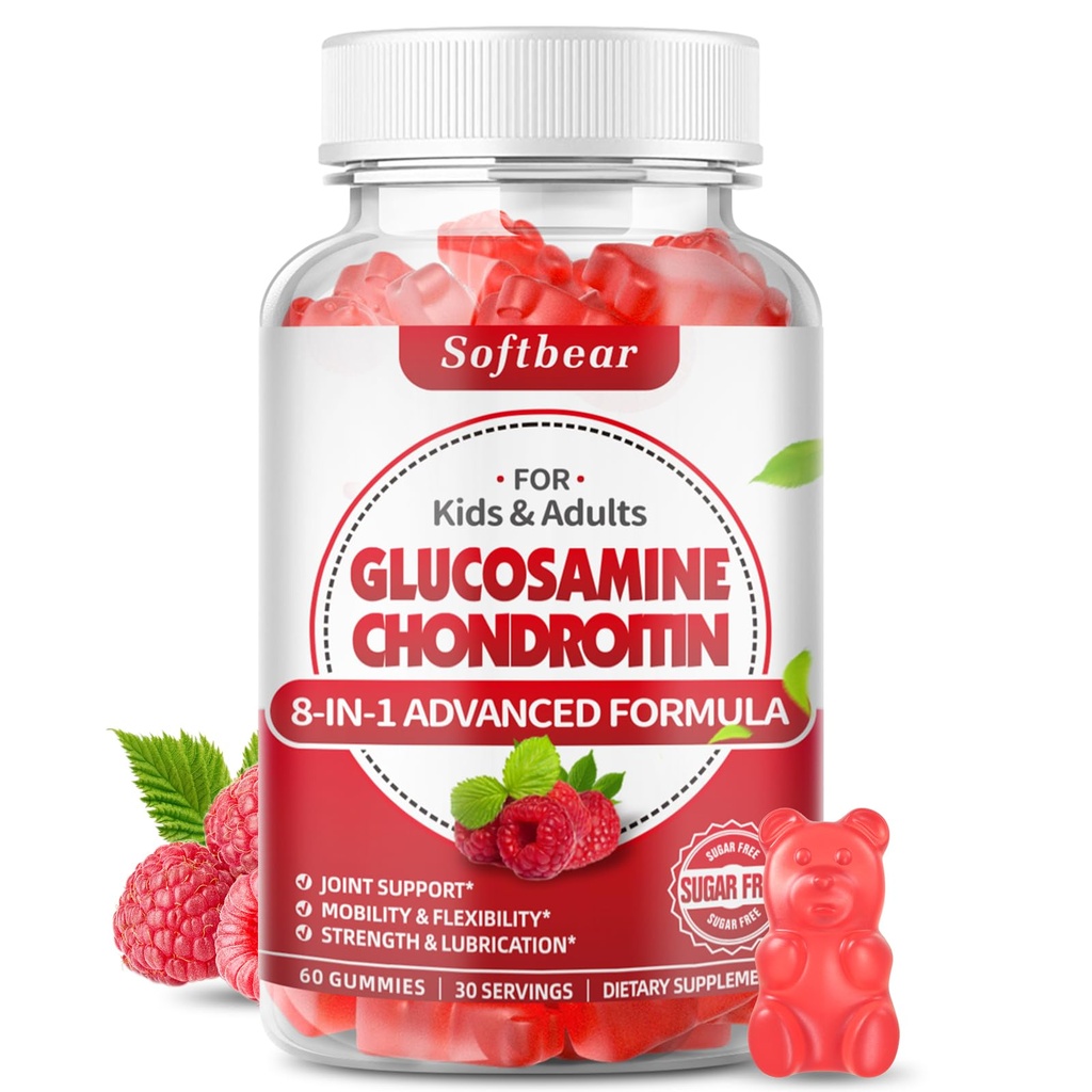 glucosamina de abeja Glucosamina Gummies, azúcar Glucosamina libre de condroitina MSM Suplemento con Elderberry Turmeric Supports Joint Health & Antioxidant, Raspberry Flavored 60 Count