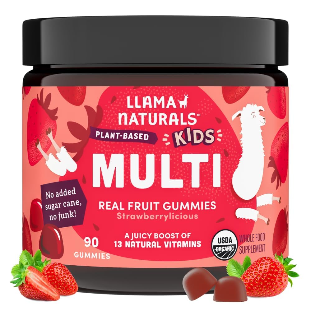 Llama Naturals Niños Gummies multivitamínicos, Vegan, Orgánica con Vitamina D, C & K, Vitaminas de Gummy de Fruto Real Toddler, Suplemento Chewable, Multivitamínico de Alimentos enteros, No Añadido caña de azúcar, Fresa, 90 Ct