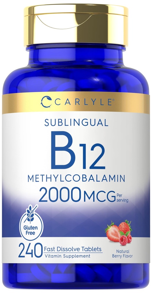 Carlyle B12 Vitamina 2000 mcg ← 240 Fast Dissolve Tablets ← Methylcobalamin sublingual ← Berry Flavor  Vegetarian, Non-GMO & Gluten Free Supplement