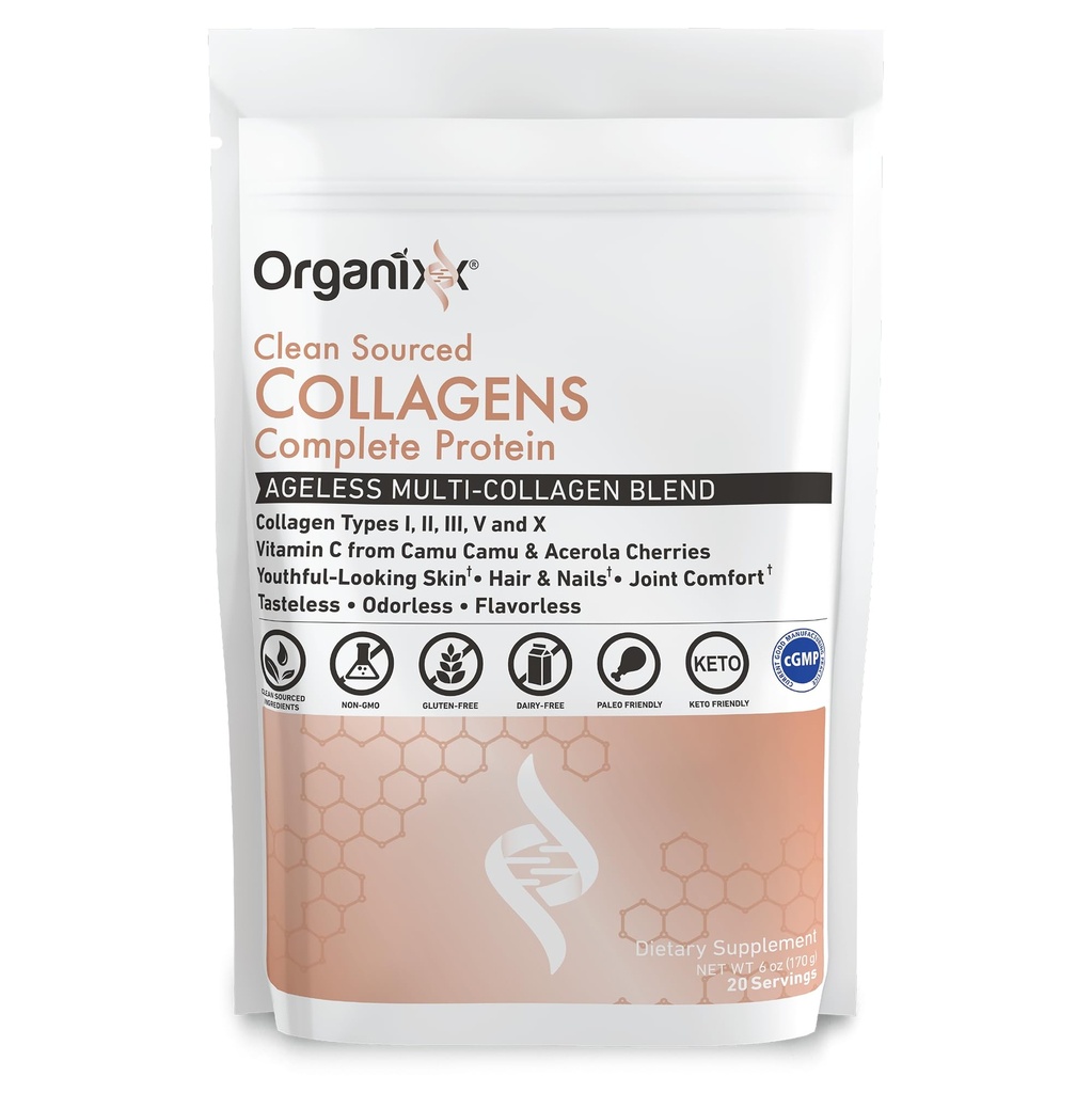 Organixx Collagen Peptides Polvo con vitamina C, Tipos I, II, III, V, X Collagen hidrolizado, Pelo, Nail, Skin, Bone & Joint Health, Aging Support, Clean Sourced, Gluten Free, Unflavored, 20 Servings