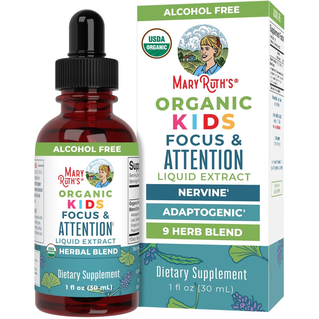 MaryRuth Organics Kids Brain Supplements for Memory and Focus, USDA Organic Drops with Ginkgo Biloba, Rhodiola Root & Licorice Root, Focus &amp; Atención, Calm, Vegan, Non-GMO, Gluten Free, 30 Servings