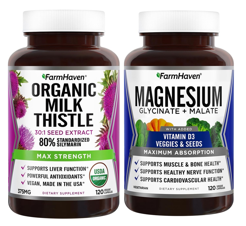 FarmHaven Milk Thistle Capsules &amp; Magnesium Glycinate &amp; Malate Complex w/Vitamin D3
