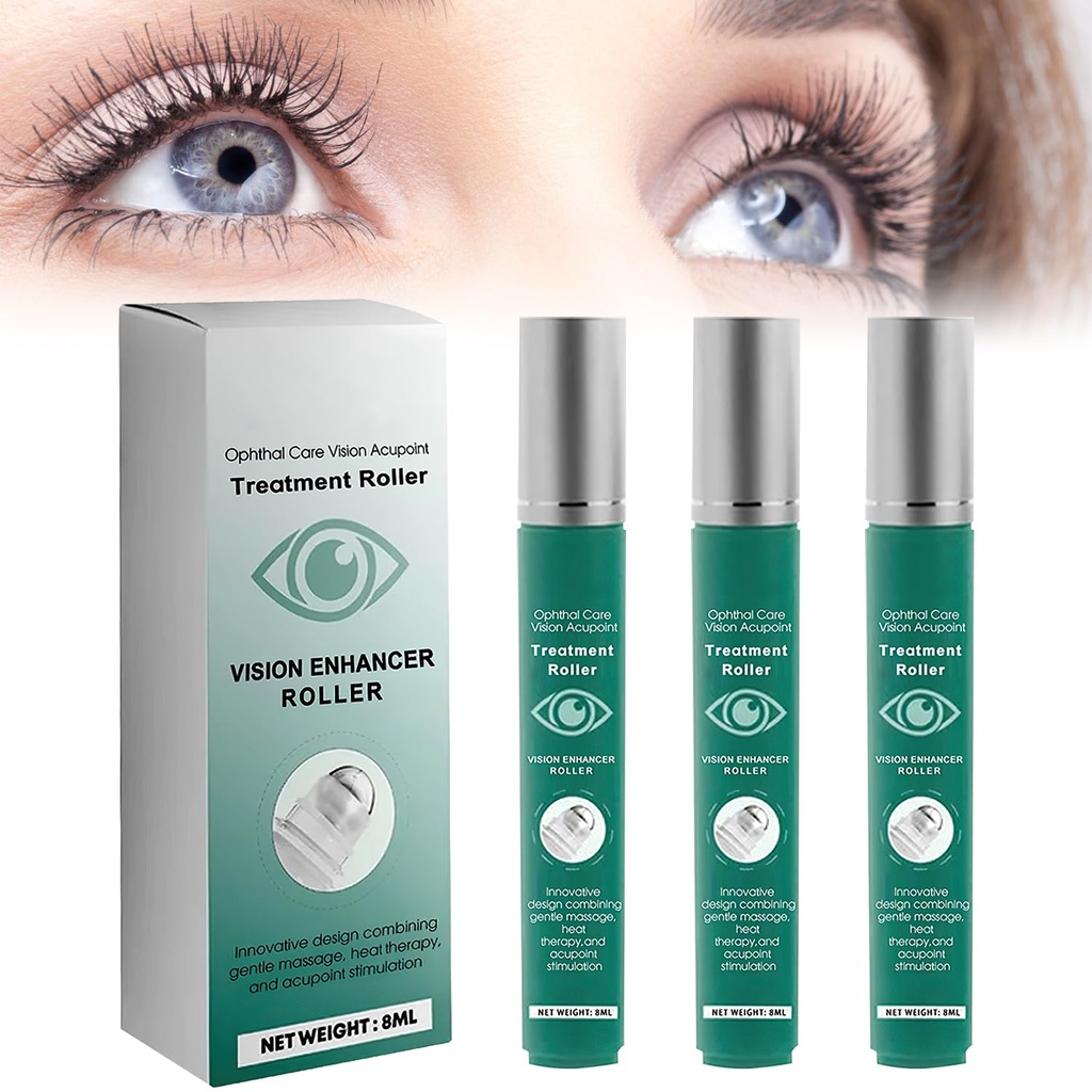Vision Enhance Massage Roller, Eye Roller to Enhances Visual Clarity, Natural Vision Enhancer Roller, Relieve Eye Strain, Fatiga y Descomfort 8 ml (3 Pcs)
