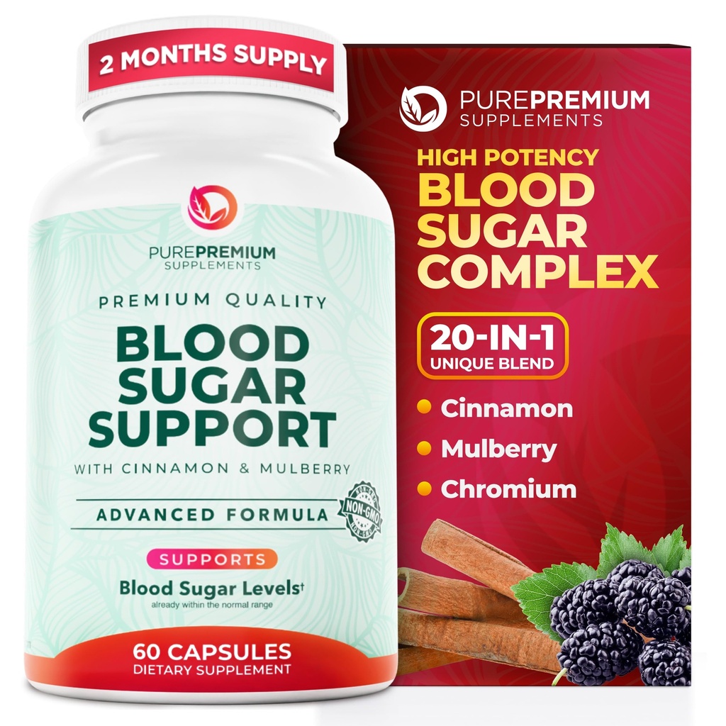 PurePremium Normal Blood Sugar Support Supplement - 20 Active Ingredients Complex to Support Blood Sugar Levels Ya en The Normal Range - with Cinnamon, Bitter Melon, Chromium, Mulberry - 60ct