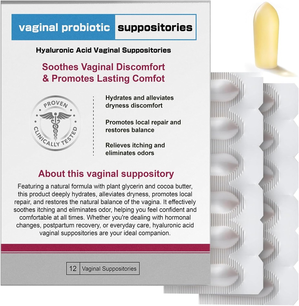 Nahid Hyaluronic Acid Suppositories ← Vaginal Moisture & pH Balance Soporte Silencio 12 Insertos con Prebiótico Complejo ← Soothe Dryness, Odor Control, Restore Comfort TENCIÓN Menopause > Cuidado íntimo