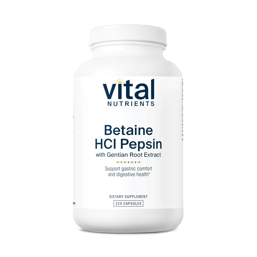 Vital Nutrients Betaine HCL Pepsin with Gentian Root Extract ¦ Digestive Enzyme Formula to Support Protein Digestion and Nutrient Absorption* TEN Gluten, Dairy, Soy Free TEN 225 Capsules