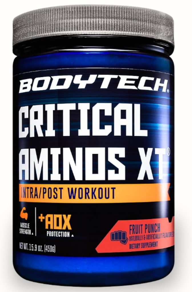 BodyTech Critical Aminos XT Amino Acid Powder with Glutamine, Citrulline & Carnitine, Essential Pre Workout or Post Workout Amino Acids for Men & Women, Fruit Punch Flavor, 15.9 Oz, 45 Servings