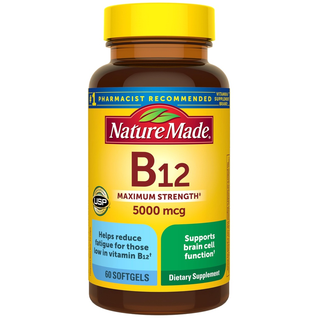 Nature Made Maximum Strength Vitamin B12 5000 mcg, Suplemento dietético para el Metabolismo energético Apoyo, 60 Softgels, 60 Day Supply