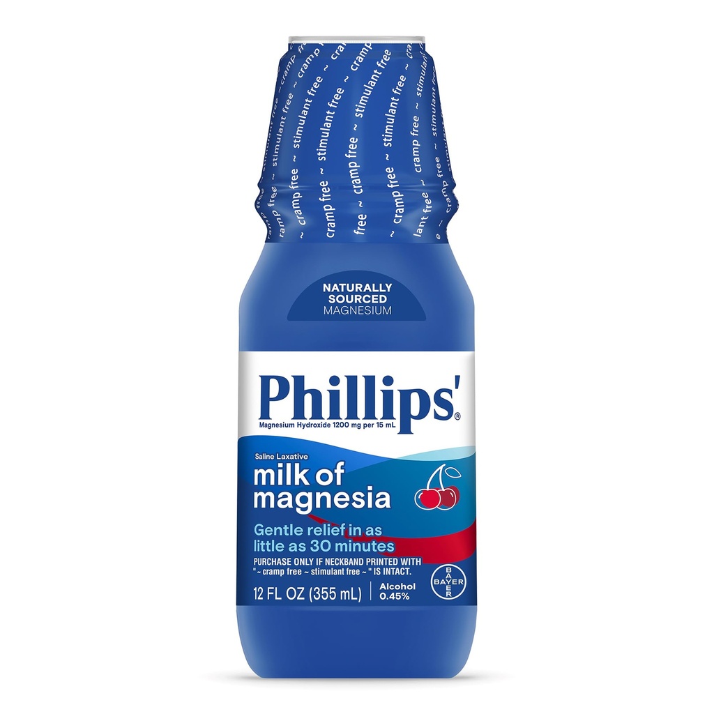 Phillips’ Milk of Magnesia Liquid Laxative, Wild Cherry Flavor, 12 oz, Stimulant &amp; Cramp Free Relief of Occasional Constipation, #1 Milk of Magnesia Brand