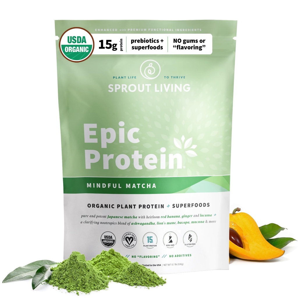 Sprout Living Epic Protein, Plant Based Protein & Superfoods Powder, Mindful Matcha  17 Grams Organic Protein Powder, Vegan, Non-GMO, Gluten Free, Adaptogens + Nootropics (1 Pound, 12 Servings)
