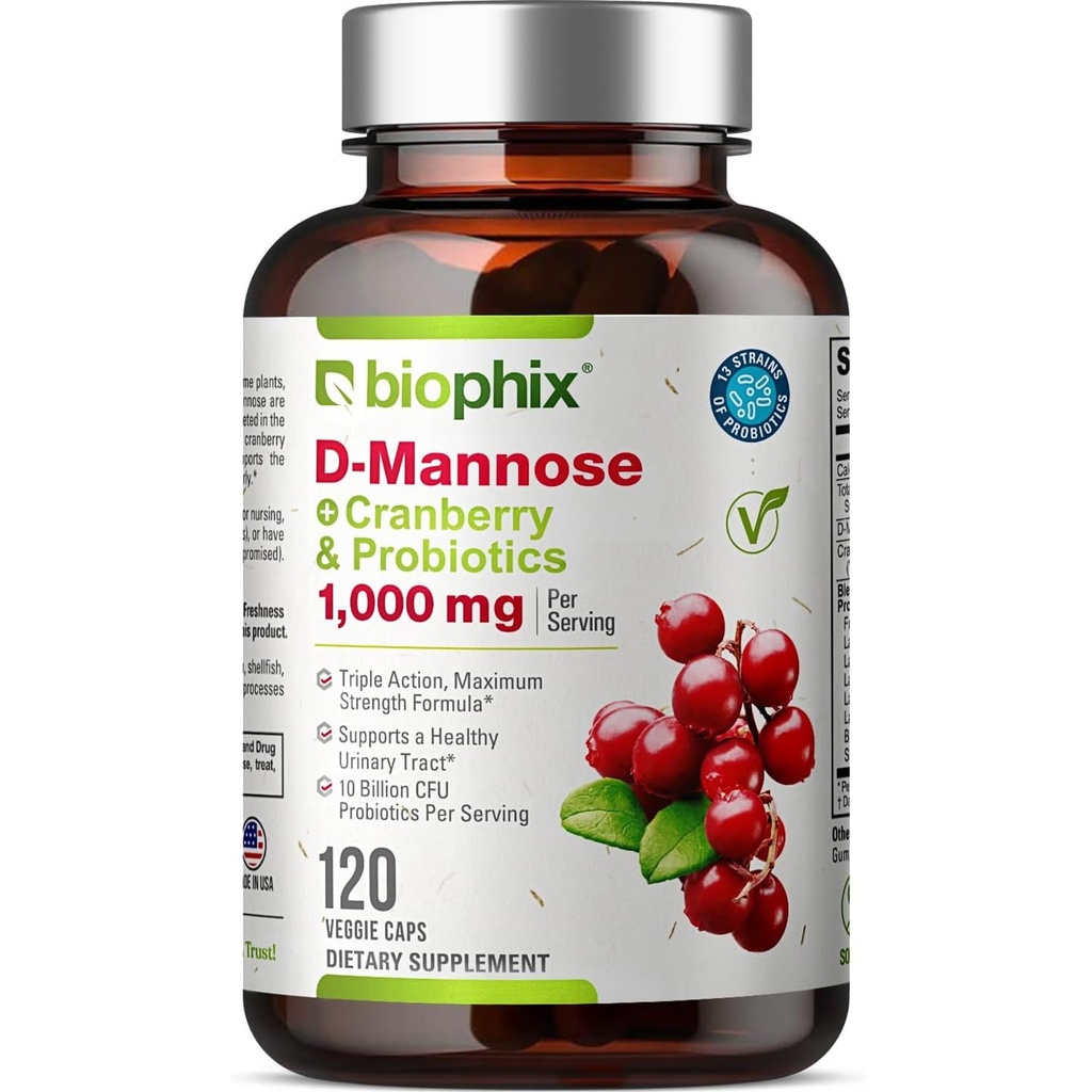 biophix D-Mannose 1000mg cápsulas con probióticos de arándano - D Mannose Suplementos para mujeres - D-Mannose Píldoras para Urinary Tract &amp; Bladder Health Support - Digestive Well-Being - 120 Vcaps