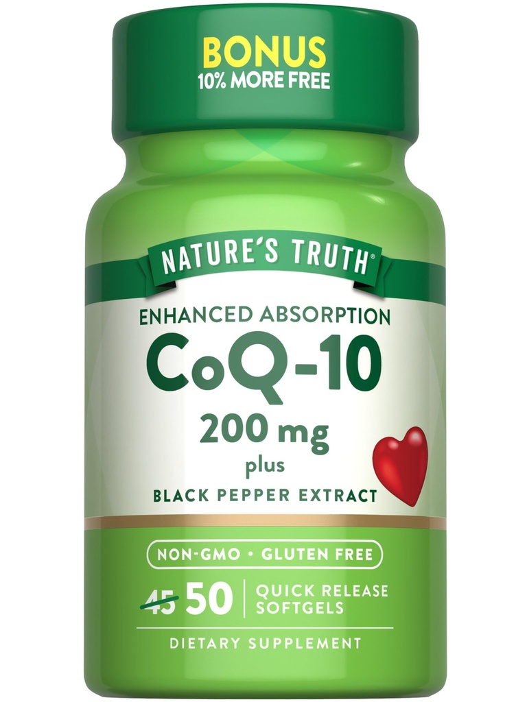 La verdad de la naturaleza CoQ10 200mg Softgels Silencio 50 Conde Silencio Enhanced Absorption Suplemento  Plus Black Pepper Extract ← Non-GMO, Gluten Free