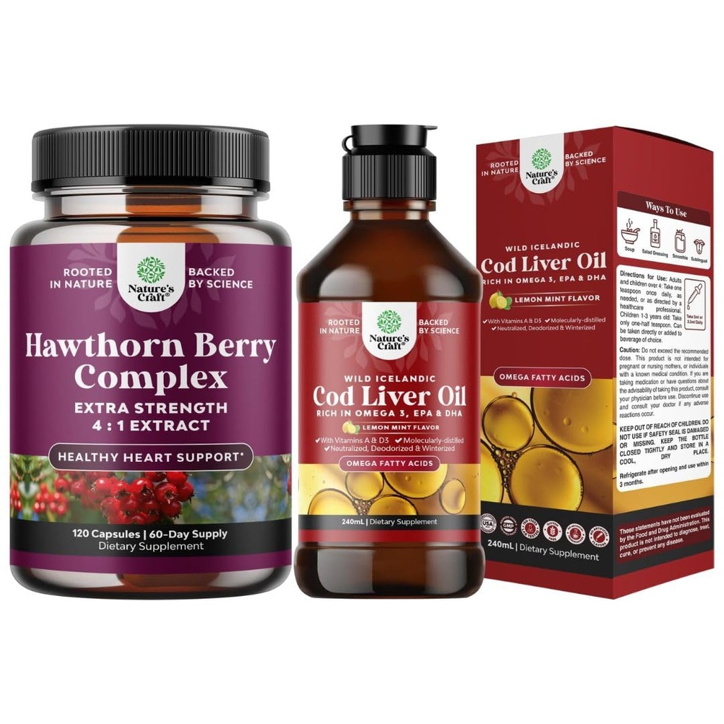 Bundle of Extra Strength Hawthorn Berry Capsules Hawthorn Extract Digestion and Heart health Supplement and Icelandic Cod Liver Oil Liquid Wild Caught Nordic Omega 3 Fish Oil Liquid for Adults and Kid