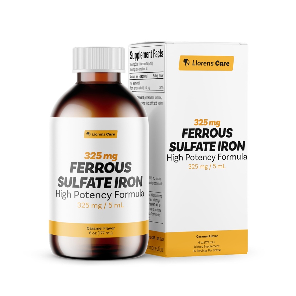 Ferrous Sulfate 325mg Iron líquido 65mg de hierro elemental por Llorens Care - 6 oz - Caramel Flavor (6 oz, Caramel)