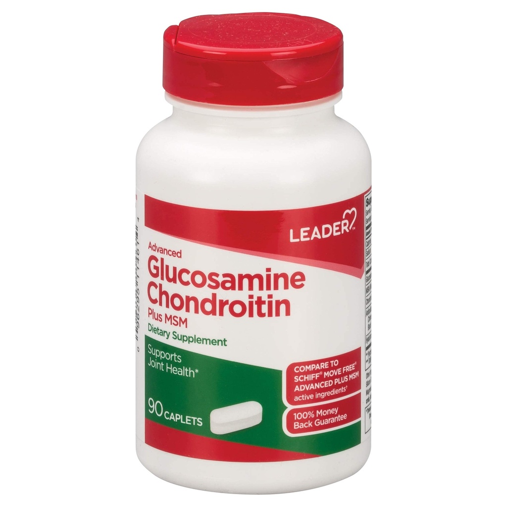 Leader Advanced Glucosamine Chondroitin Plus MSM, Suplemento dietético, Comparar con Schiff Move Free Advanced + MSM Active Ingredient 90 Caplets
