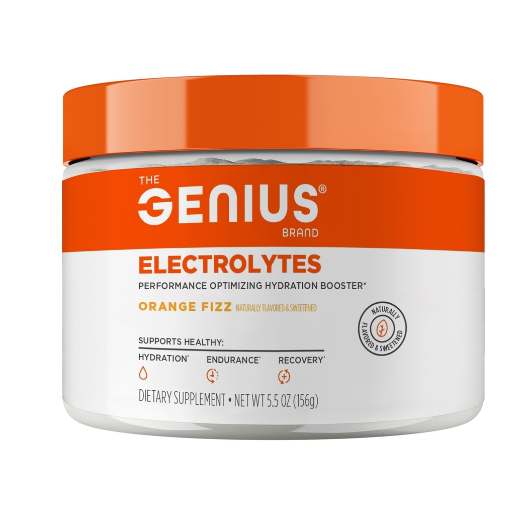 Genius Electrolytes Powder Drink Mix, Orange Fizz, 30 Servings - Natural Hydration Booster &amp; Endurance Supplement with Potassium, Magnesium &amp; Zinc - Sugar Free &amp; No Artificial Sweeteners or Dyes