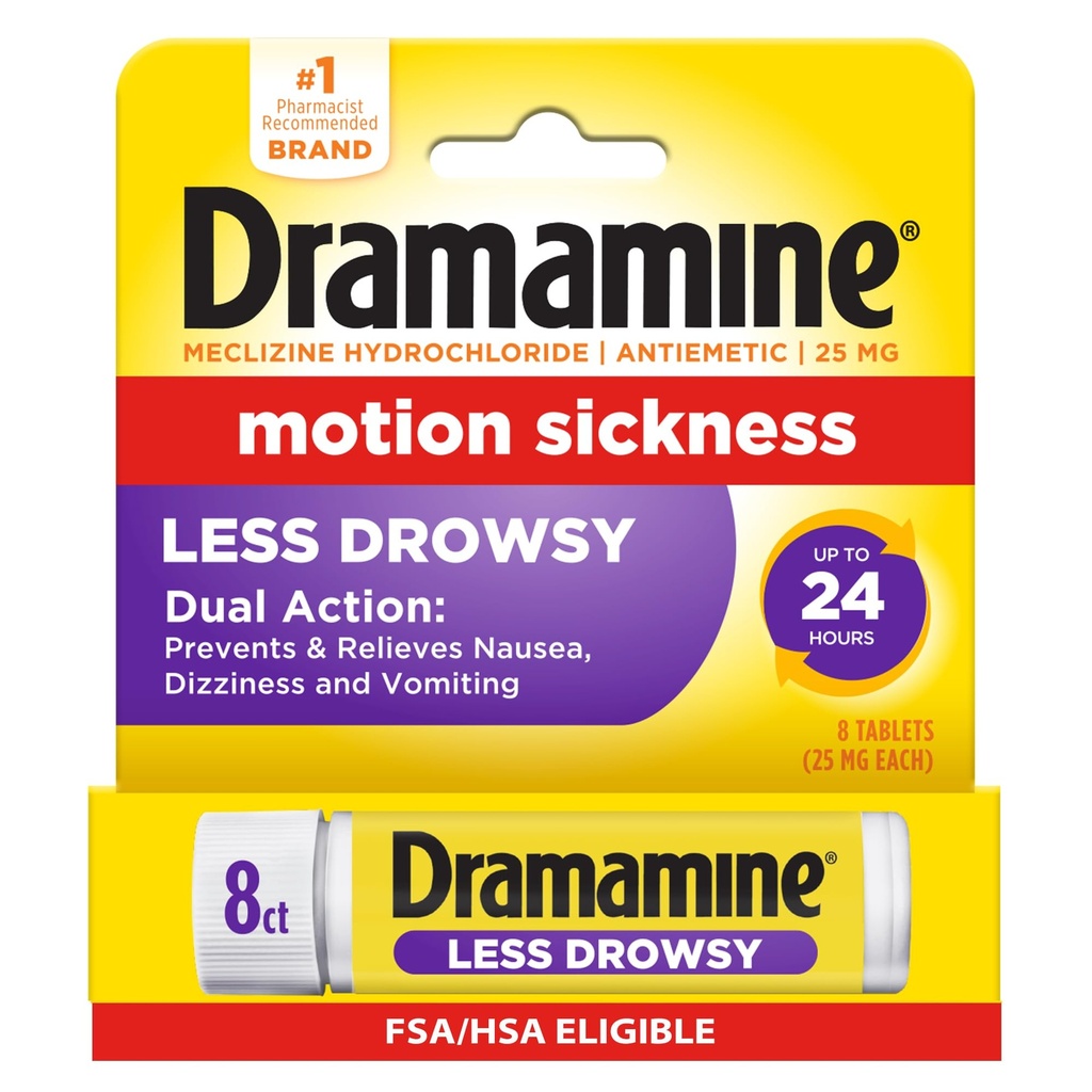 Dramamine Motion Sickness Less Drowsy, Travel Vial, Multicolor, 8 Cuenta