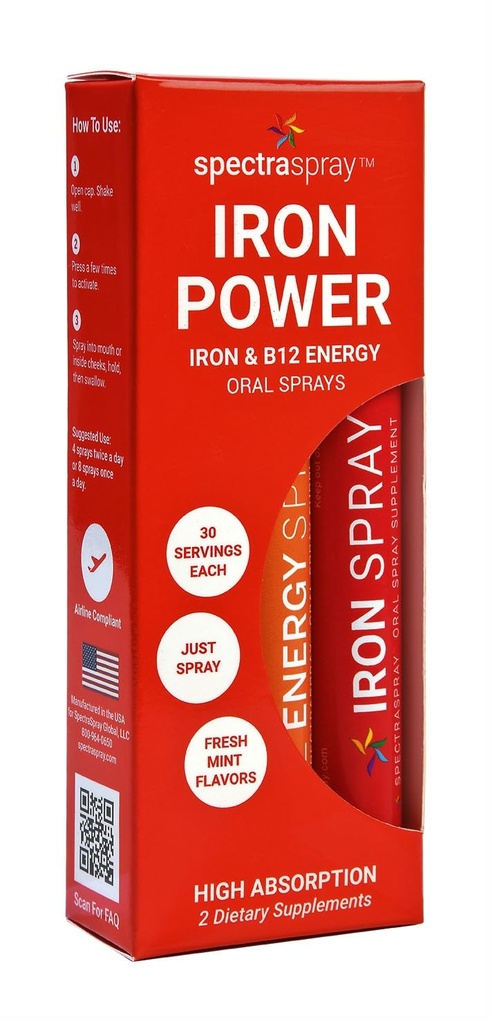 SpectraSpray Iron &amp; B12 Vitamin Liquid Oral Spray Kit - Food Grade Iron como un Mineral diario esencial y B12. Vegan, Gluten Free &amp; Highly Effective, 30 Day Supply per Spray