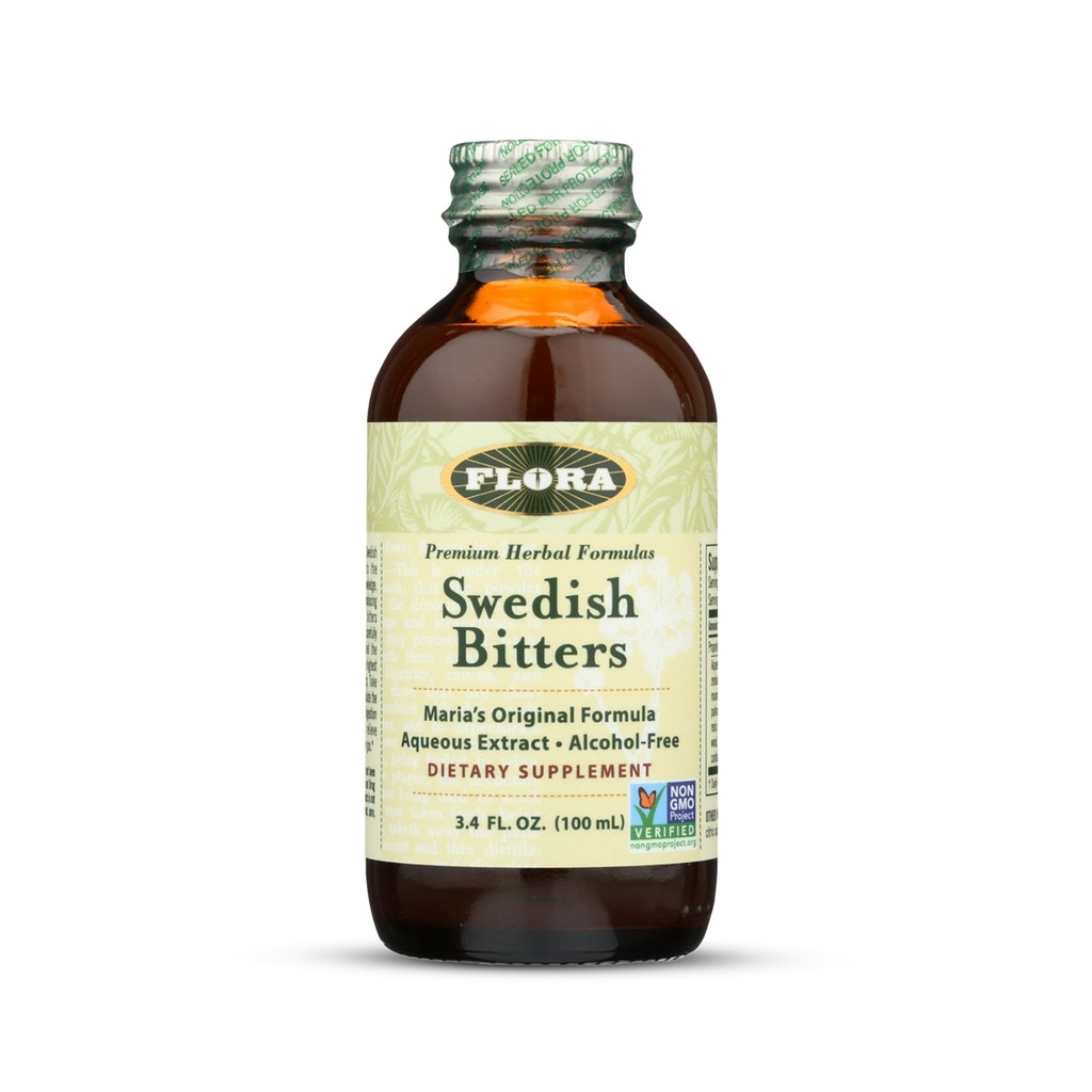 Flora - Bitters suecos para la digestión, Bitters sin alcohol Ayuda Bloating " Digestion, Maria's Original Formula Aqueous Extract, Vegan, Kosher, Non GMO, 3.4-fl. oz. Botella de vidrio