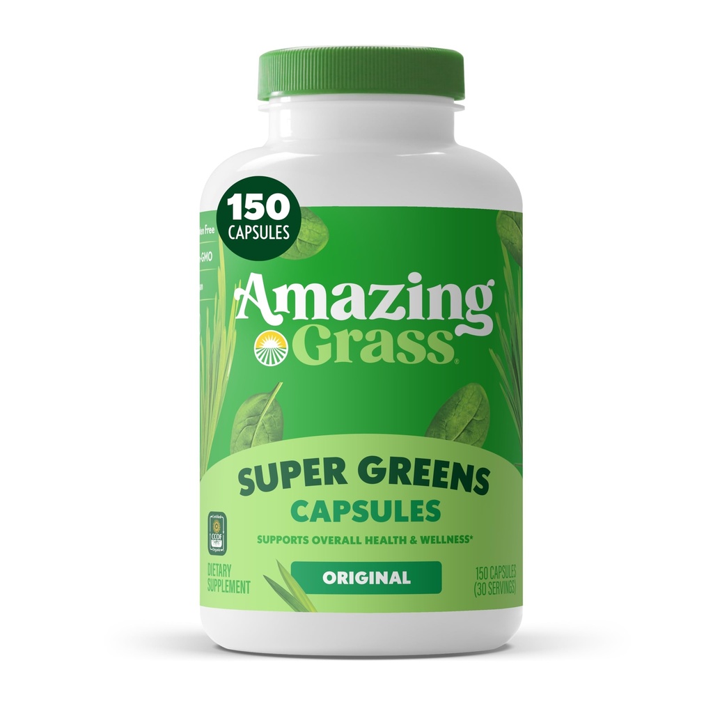 Increíble Grass Greens Blend Superfood Capsules: Super Greens with Organic Spirulina, Chlorella, Beet Root Powder, Digestive Enzymes & Probiotics, 150 Capsules (Packaging May Vary)