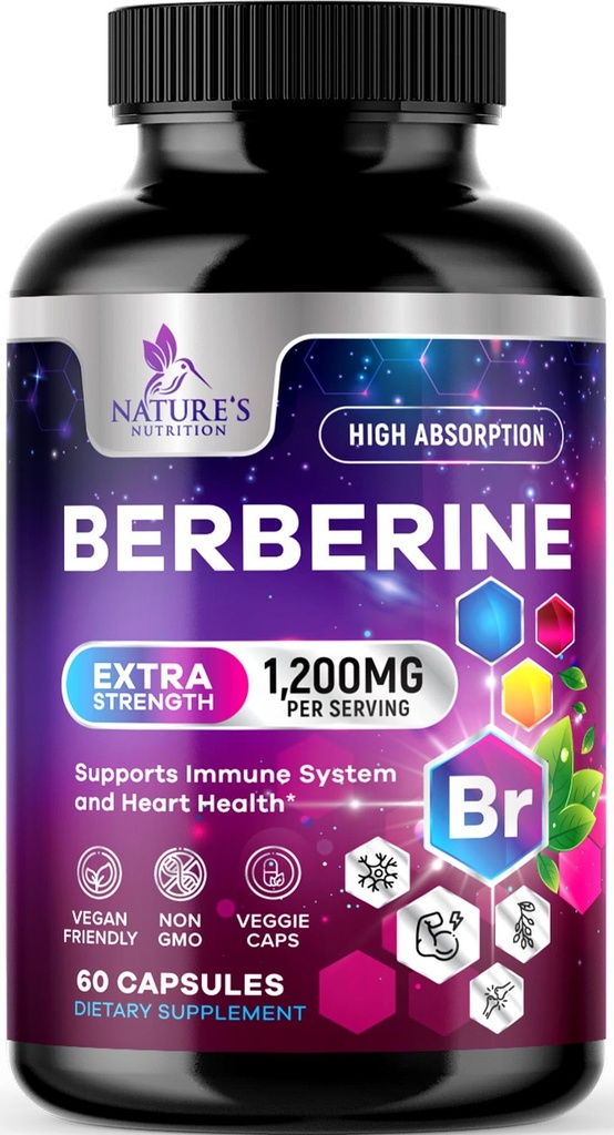 Beberine HCL 1200mg Suplemento - Berberine HCI capsules High Absorption Suplemento para la salud cardíaca &amp; Immune Support, High Strength, Gluten-Free, Vegan, Non-GMO Pills - 60 cápsulas vegetarianas