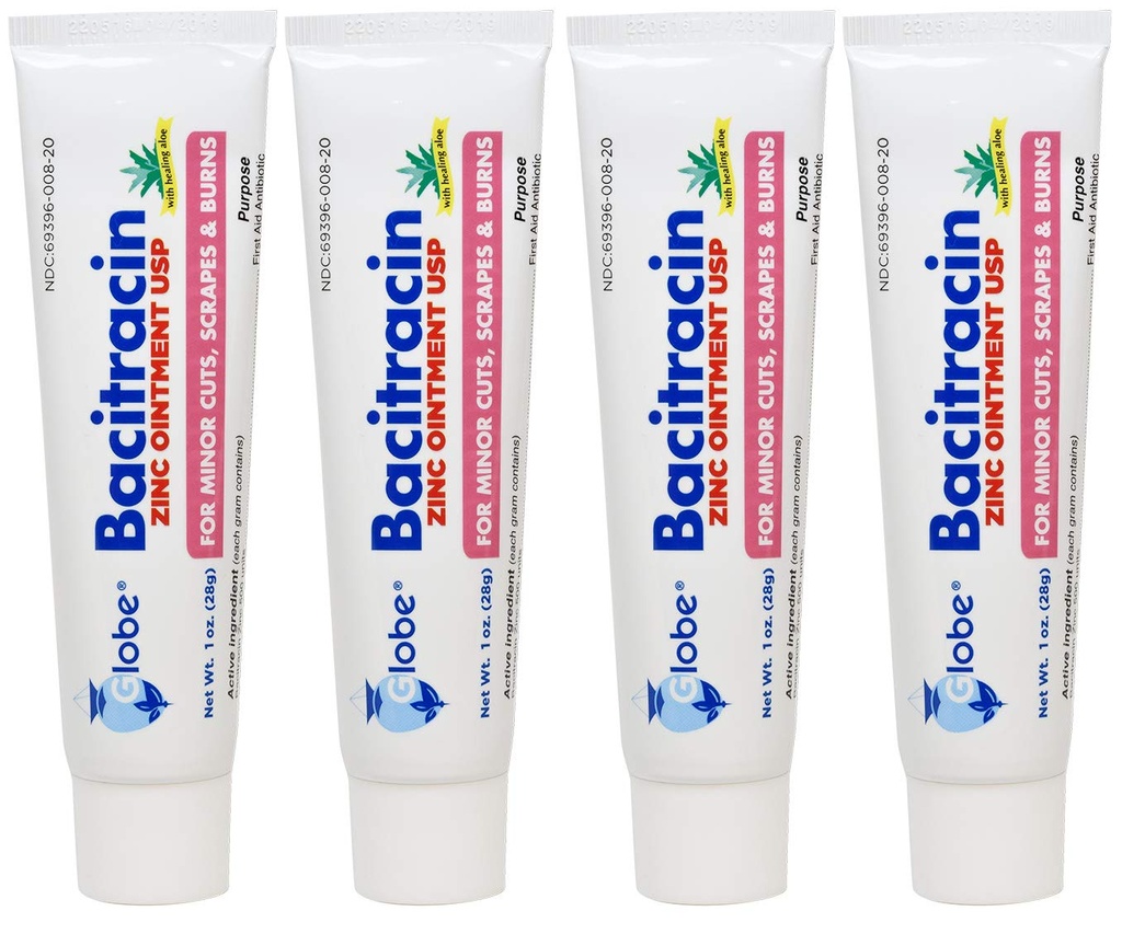 (4 Pack) Globe Bacitracin Zinc Ungüento + Aloe 1oz, ungüento antibiótico, suministros esenciales de primeros auxilios, acción curativa, potencia máxima antibiótica, evita la infección en cortes, chatarras, quemaduras