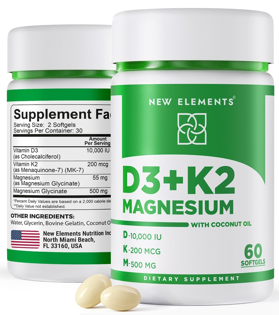 Nuevos elementos Vitamina D3 K2 10,000 UI con Magnesium Glycinate 500mg - Bone Health, Immune Support, Energy & Mood - Non-GMO, Gluten-Free, Sugar-Free Softgels for Women &amp; Hombre (60 softgels)
