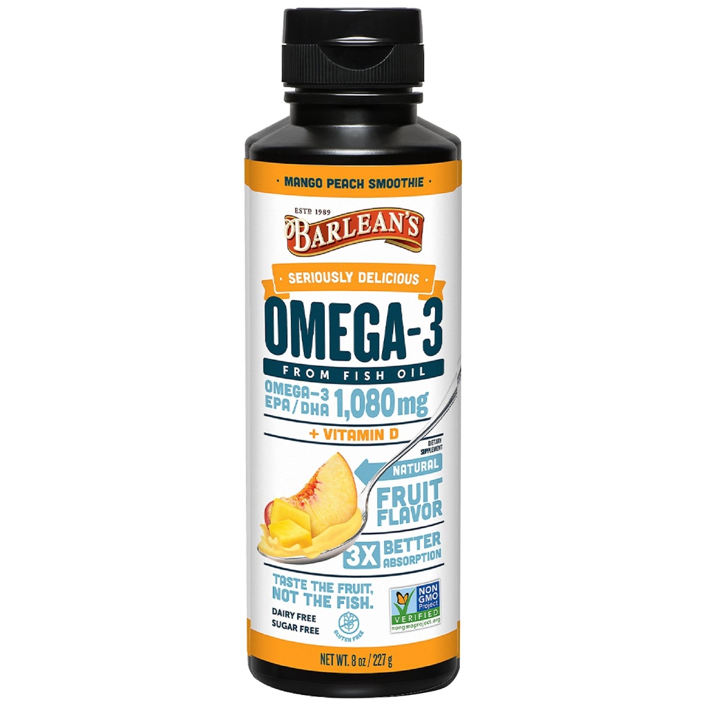 Suplemento líquido de aceite de pescado Omega 3 de Barlean con vitamina D para hombres y mujeres, Mango Peach, 1080 mg EPA y DHA Fatty Acid, 8 oz