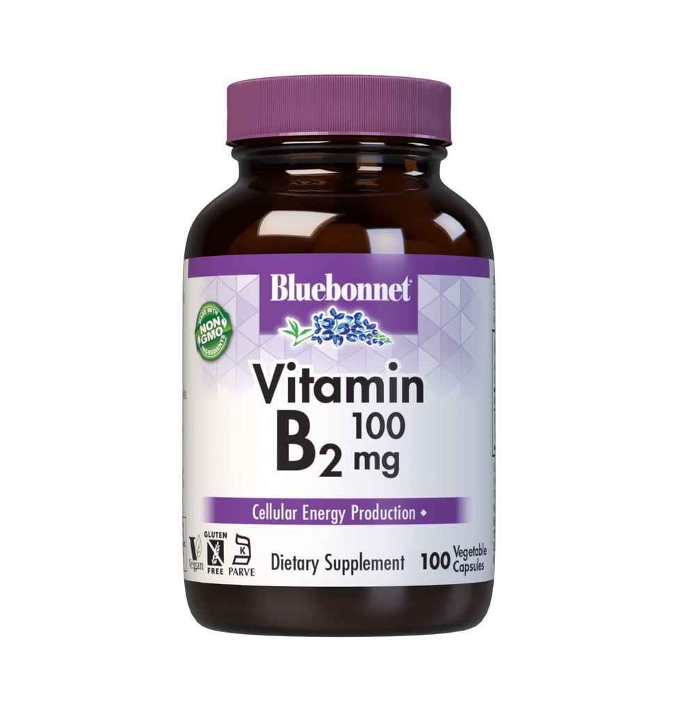 Bluebonnet Nutrition Vitamina B2 100 mg, para la salud del sistema cardiovascular y nervioso, libre de soja, libre de gluten, certificado de Kosher, libre de lácteos, vegano, no GMO, 100 cápsulas vegetales, 100 piezas