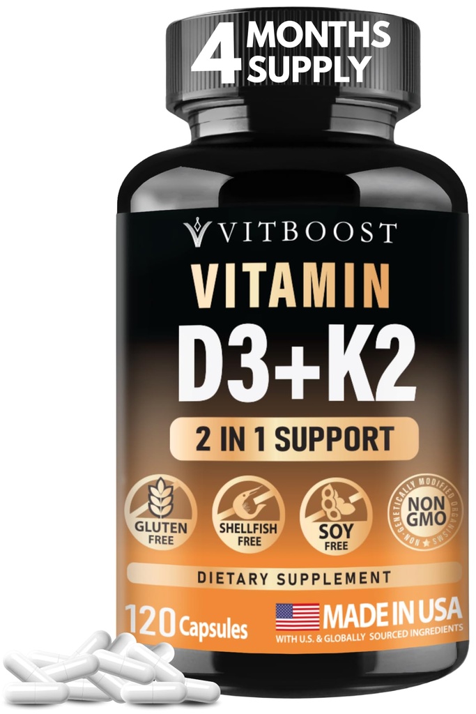 VITBOOST Vitamina D3 K2 Complejo - Fácil de Tragar - Vitamina D (D3) 5000 UI (125 mcg) & K2(MK-7) 90 mcg ← Non-GMO ← Libre de gluten Silencio EE.UU.