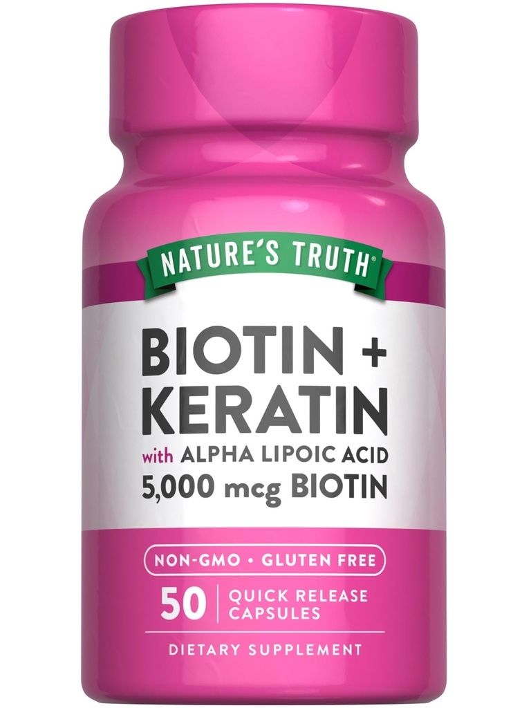 Verdad de la naturaleza Biotin 5000 mcg tención 50 cápsulas vivieron con Keratin y Ácido Lipoico alfa Silencioso No GMO &amp; Gluten Suplemento Libre