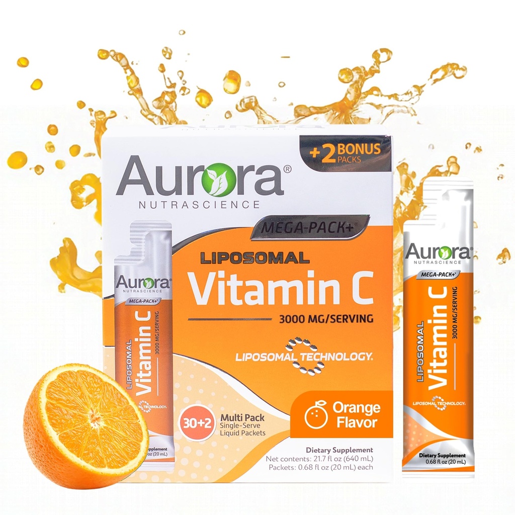 Nutraciencia de Aurora Vitamina Liposómica Líquida C - Suplemento de Apoyo Sanitario para Adultos, Azúcar Gratis, 3000 mg por Serving, Vegan, Gluten Gratis, No GMO - 32 Packets de Servición Individual, Orange