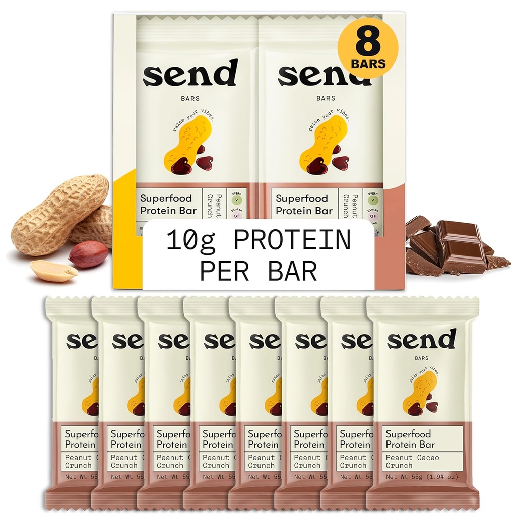Enviar barras de proteína vegana de base vegetal, con verdes (Peanut Cacao Crunch, 8 barras) – Sólo ingredientes reales, cero añadido azúcar, libre de gluten, sin lácteos