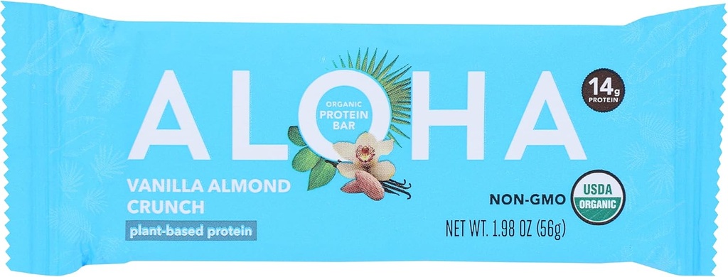 Aloha Organic Vanilla Almond Crunch Protein Bares, 14g Plant-Based Protein, USDA Certified Organic, Gluten Free " Non-GMO, 1.9 Oz (Pack of 12)