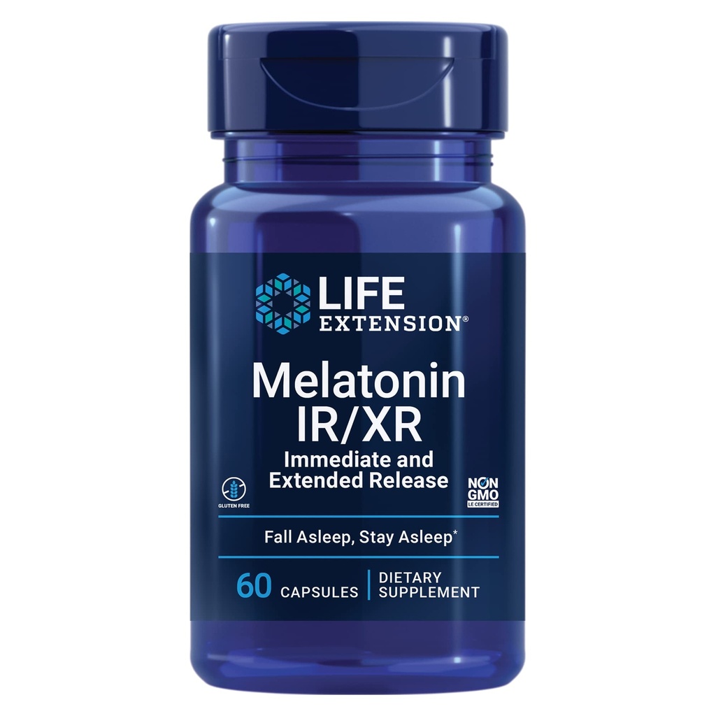 Extensión de la vida Melatonina IR/XR, 1,5 mg, Fórmula de liberación inmediata y ampliada para el apoyo al sueño óptimo, Ritmos circadianos saludables, Defensa celular, Libre de gluten, No GMO, 60 cápsulas