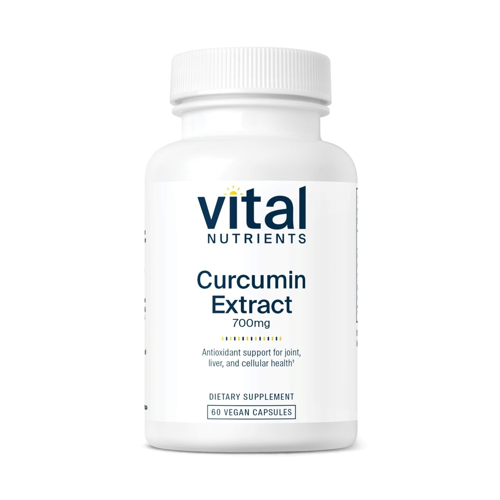 Vital Nutrients Curcumin Extract 700mg ← Vegan Curcumin Suplementos con Black Pepper Extract ← Antioxidant Support for Joint, Liver, and Cellular Health* TEN Gluten, Dairy, Soy Free TEN 60 cápsulas