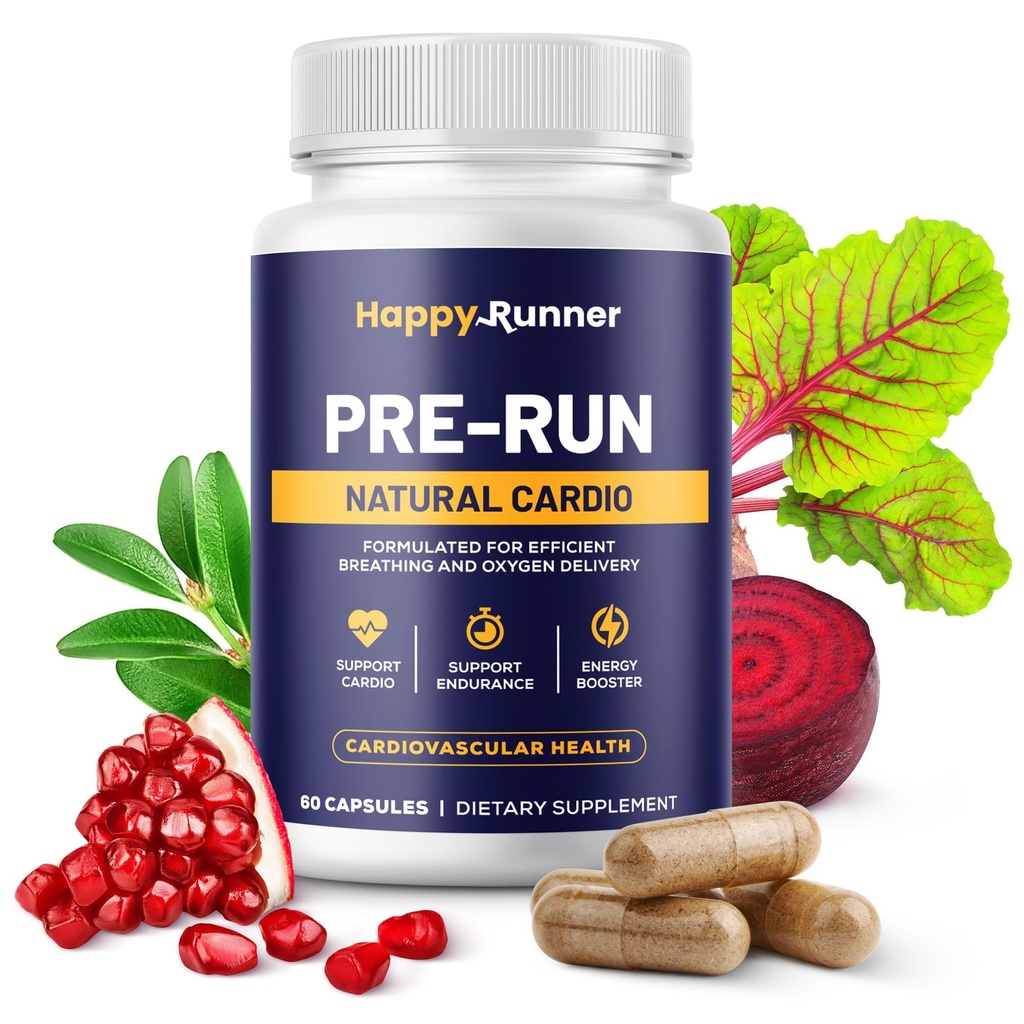 Happy Runner: Pre-Run - Mejoras de respiración, Mejora de la entrega de oxígeno, Eficiencia respiratoria, Resistencia al polvo, Booster de óxido nítrico, Flujo sanguíneo mejorado, Complementos de funcionamiento, Salud cardiovascular