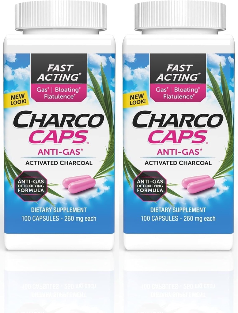 Charcocaps Fast Acting Gas Relief for Bloating & Flatulence, Drug Free Detoxifying Activated Charcoal Formula, 100 cápsulas, 30 Day Supply, Pink- Pack of 2